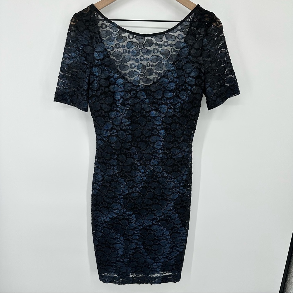Belle Badgley Mischka Womens Isabel Dress‎ Black Blue Lace Dress Size 6 Formal